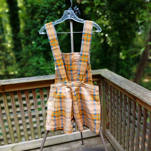 Italian Denim Autumn Colors Tartan Plaid Shortalls New. Cute! Sz 26/US / EU44 - Picture 10 of 11